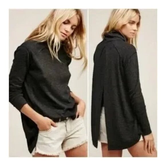WE THE FREE Split Back Turtleneck Tunic Top Charcoal Gray - Picture 1 of 6